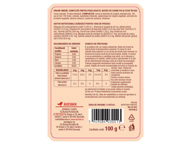 Hrana umeda pentru pisici adulte Auchan, pui si ficat in sos, 100 g