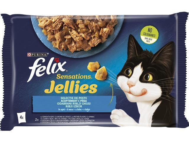 Felix Sensations Somon Cu Creveti/Pastrav Cu Spanac In Aspic, Hrana Umeda Pentru Pisici, 4X85G