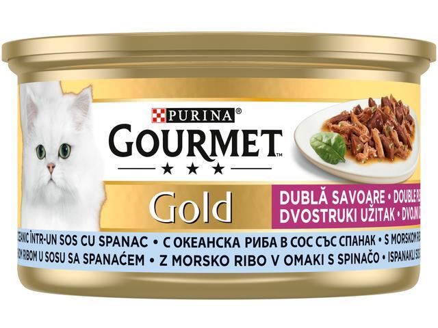 Gourmet  Gold Double Pleasure, cu Peste oceanic si Spanac in sos, hrana umeda pentru pisici, 85 g