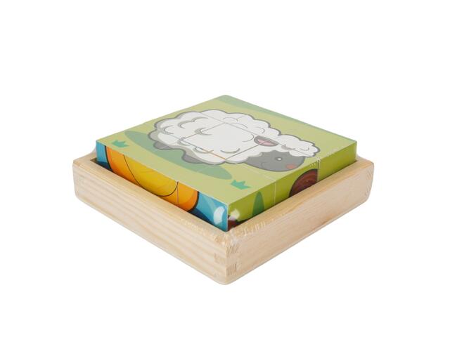 Puzzle in cub de lemn, Diverse animale, 9 piese