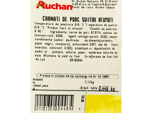 Carnati de porc subtiri afumati Auchan, +/- 500 g