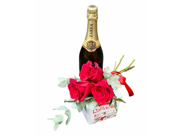 Trandafiri rosii, raffaello si sampanie