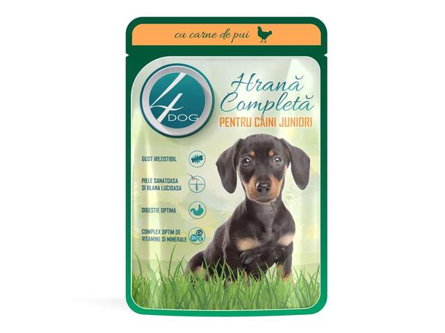 4Dog Hrana completa caini juniori pui in sos plic 100g