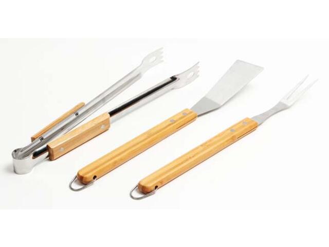Set 3 accesorii gratar cu maner din bambus, Carrefour