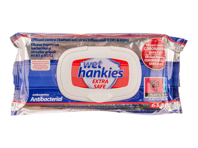 Wet Hankies Extra Safe Antibacterial servetele umede 63 bucati