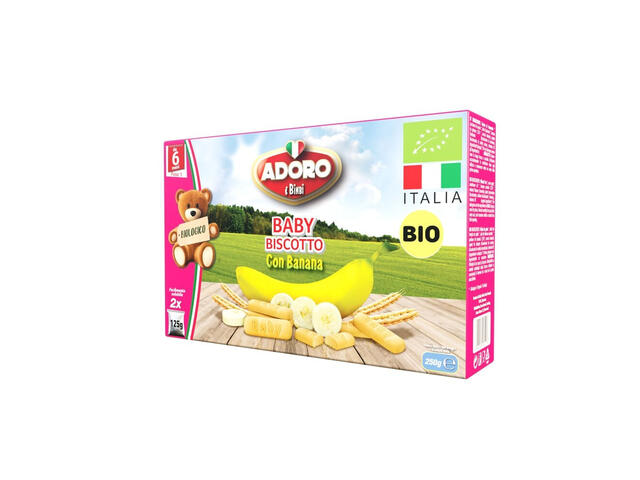 Biscuiti BIO pentru copii peste 6 luni cu banane si cereale Adoro, 2 x 125g