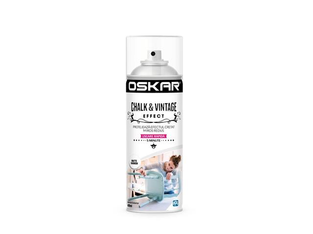 Vopsea spray pentru lemn / metal chalk & vintage efect Oskar, matte varnish, mat, interior/exterior, 400 ml