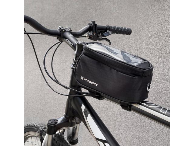 Geanta pentru bicicleta, Wozinsky, fixare cadru, 1.5L, husa telefon 6.5 inch, poliester rezistent la apa, negru, BK02