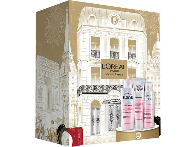 Set pentru cadou L'Oreal Paris Elseve Glycolic Gloss: sampon, 200 ml + balsam, 150 ml + tratament par, 200 ml
