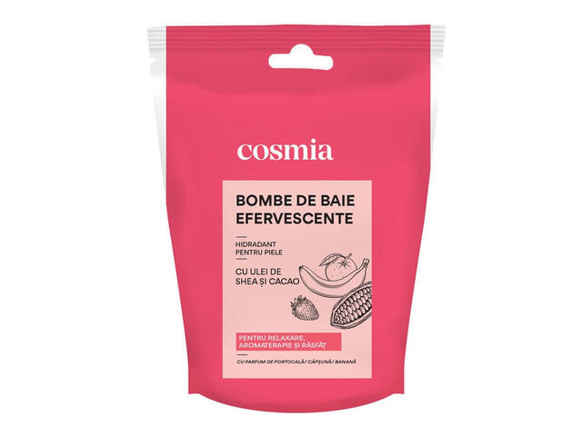 Bomba de baie efervescenta Cosmia cu parfum de portocala, capsuna si banana, 3 x 50 g