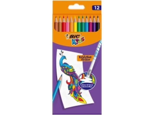 Set 12 creioane colorate cu radiera BIC Kids Evolution Illusion, Multicolor
