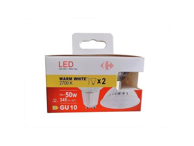 Set 2 becuri LED Carrefour, GU10, 50 W, 345 lm, 2700 K, Alb cald