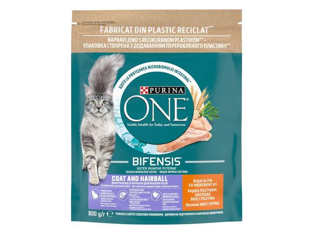 Purina One Adult Coat Hairball Hrana uscata pentru pisici cu pui 800 g