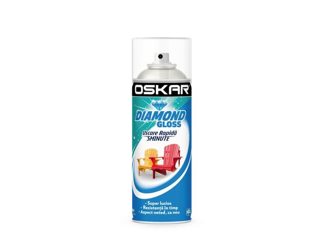 Vopsea spray pentru lemn / metal / ceramica Oskar Diamond Gloss, alb RAL 9010, lucios, interior/exterior, 400 ml