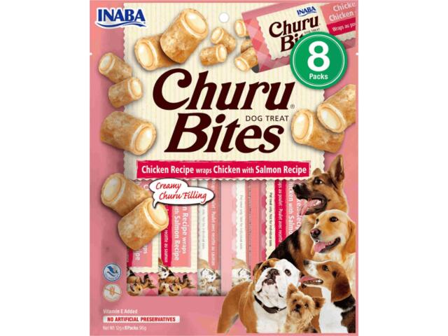 Recompense pentru caini Churu Bites Dog Pui&Somon 8x12g