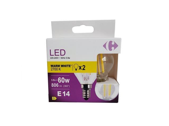 Set 2 becuri LED Carrefour, E14, 60 W, 806 lm, 2700 K, Alb cald