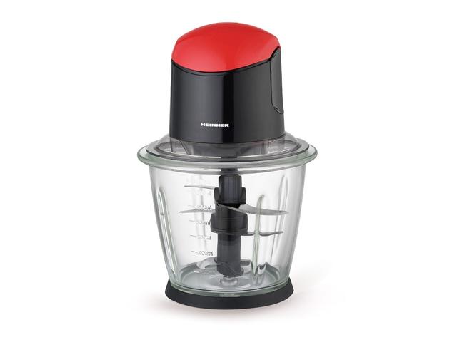 Tocator electric Heinner HMC-K500BKR, 500 W, Bol sticla 1.5 L, 3 cutite inox, Negru/Rosu