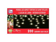 Instalatie perdea aspect turturi 200 LED-uri, cu capat stelute, 8.2 m, Alb cald