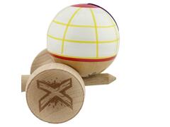 Jucarie de indemanare din lemn, Kendama X, Flippy, Legendary Glob, King Size V3, 18 cm, Alb, Galben, Rosu