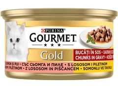 Gourmet Gold cu pui si somon, bucati de carne in sos, hrana umeda pentru pisici, 85g