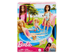 Set de joaca cu papusa Barbie, piscina cu tobogan si accesorii, HRJ74