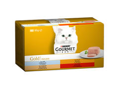 Pachet hrana umeda pisica Gourmet Gold Mousse Vita, Curcan, Ficat si Ton, 4 x 85g