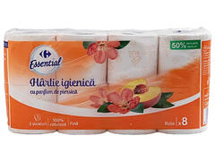 Hartie igienica cu parfum de piersica 8 role, 3 straturi Carrefour