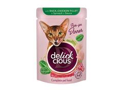 Bucati De Carne De Rata, File De Pui Si Spanac In Sos, Pentru Pisici, 85G