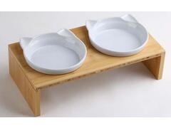 Set 2 Boluri Pentru Pisici Si Suport Bambus Carrefour, Alb/Bej