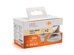 Set 2 becuri LED Carrefour, GU 5.3, 50 W, 621 lm, 4000 K, Alb rece