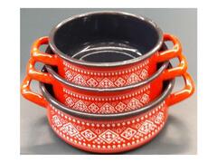 Set 3 cratite cu decor traditional Emailul Medias, tabla otel emailata, 16/18/20 cm, Rosu