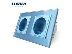 Priza dubla Livolo cu rama din sticla, 16 A (Albastru)