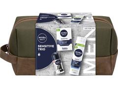Set cadou Nivea Men pentru ten sensibil: Balsam dupa ras, 100 ml + Gel pentru ras, 200 ml + Deodorant roll-on Invisible Black & White Power, 50 ml