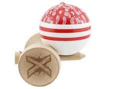 Jucarie de indemanare din lemn, Kendama X, Flippy, Chicanos, King Size V3, Super Sticky, 18 cm, Rosu, Alb