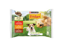 Hrana umeda pentru caini, Purina Friskies Adult cu Pui si Morcovi, Vita si Cartofi, Miel si Morcovi in sos, 4 x85g