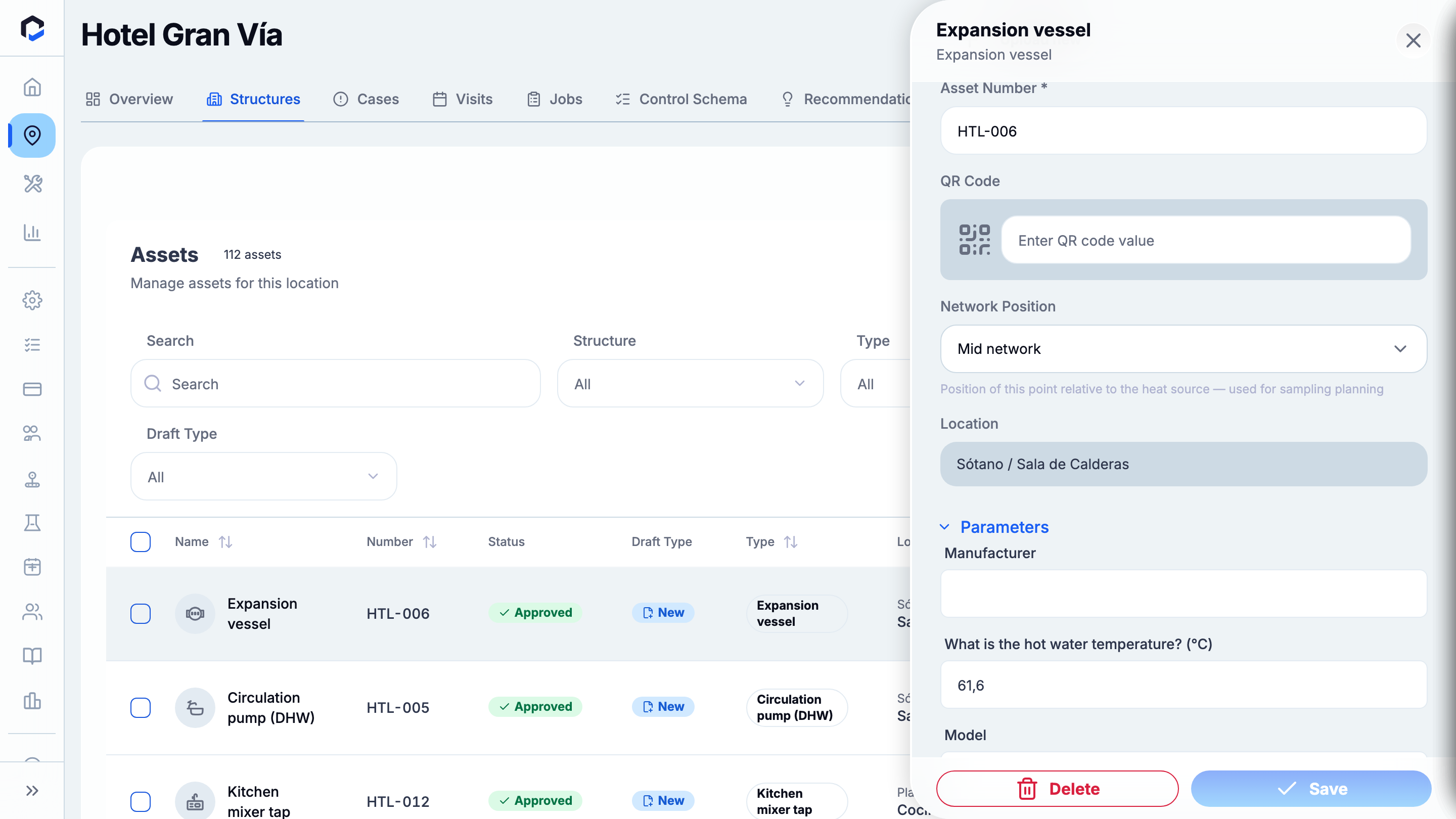 Parameters section — compliance values edited over the asset lifecycle.