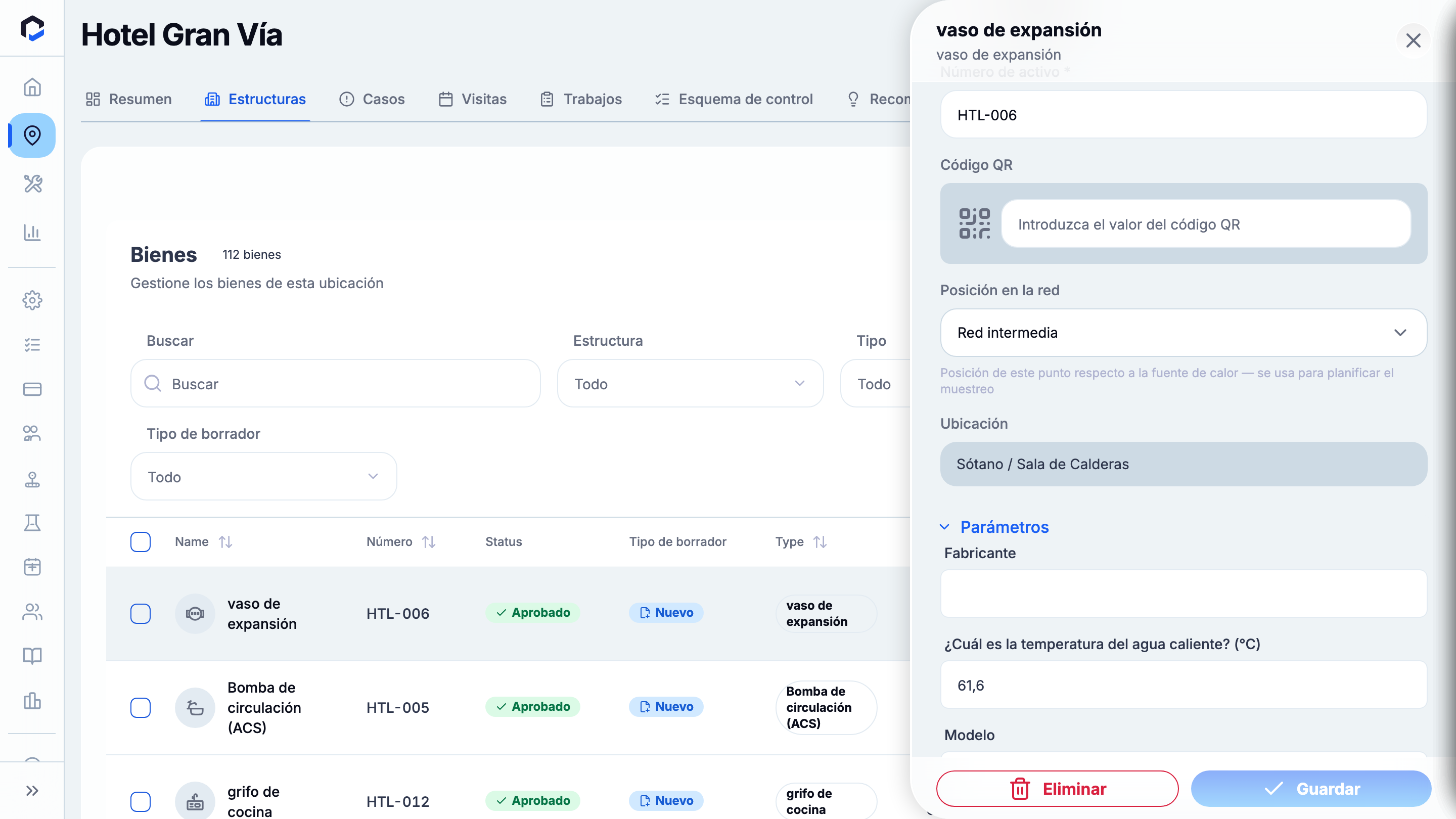 Parameters section — compliance values edited over the asset lifecycle.