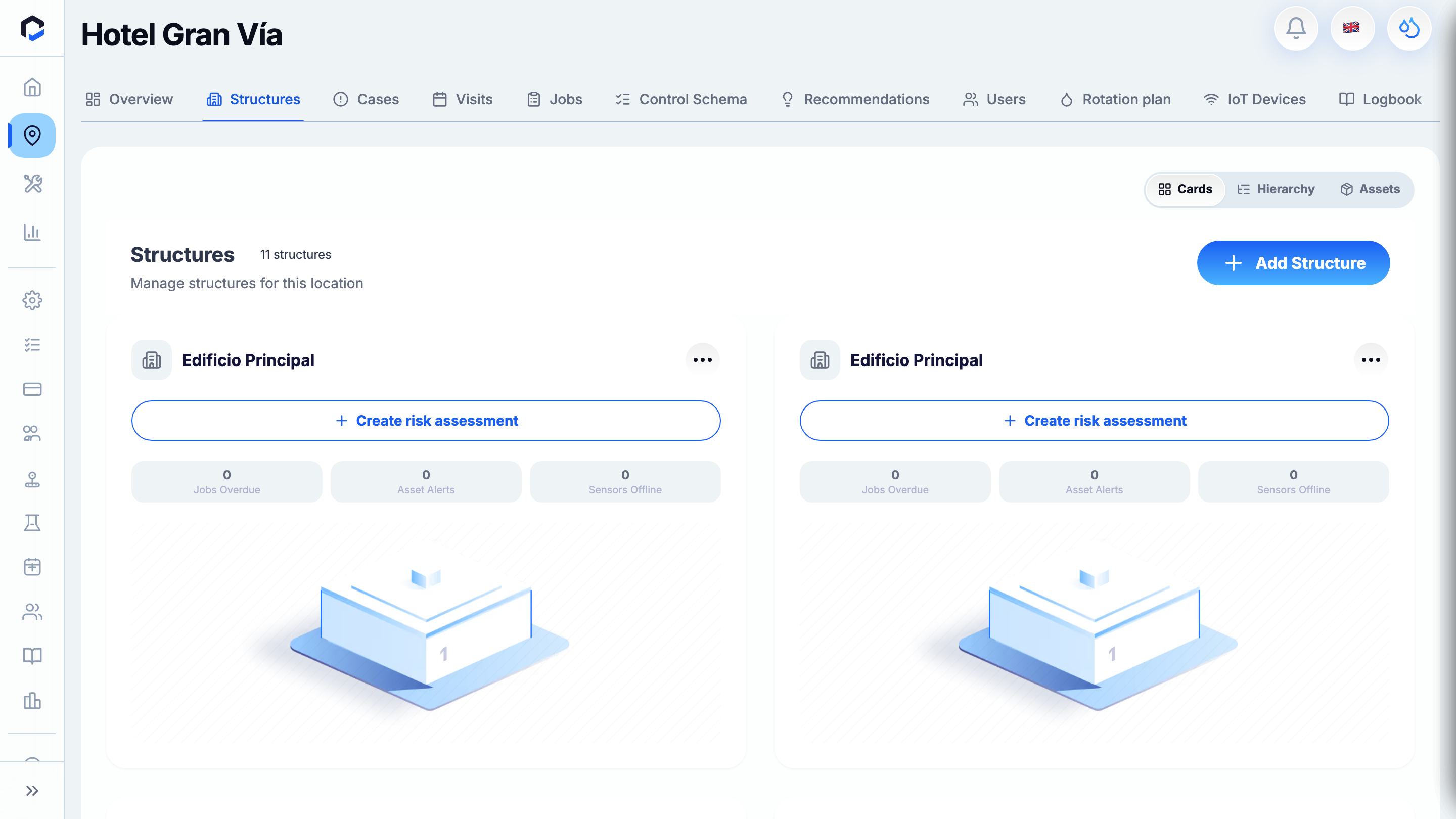 Structures tab (Cards) — the building and its floors; assets are organised beneath structures.