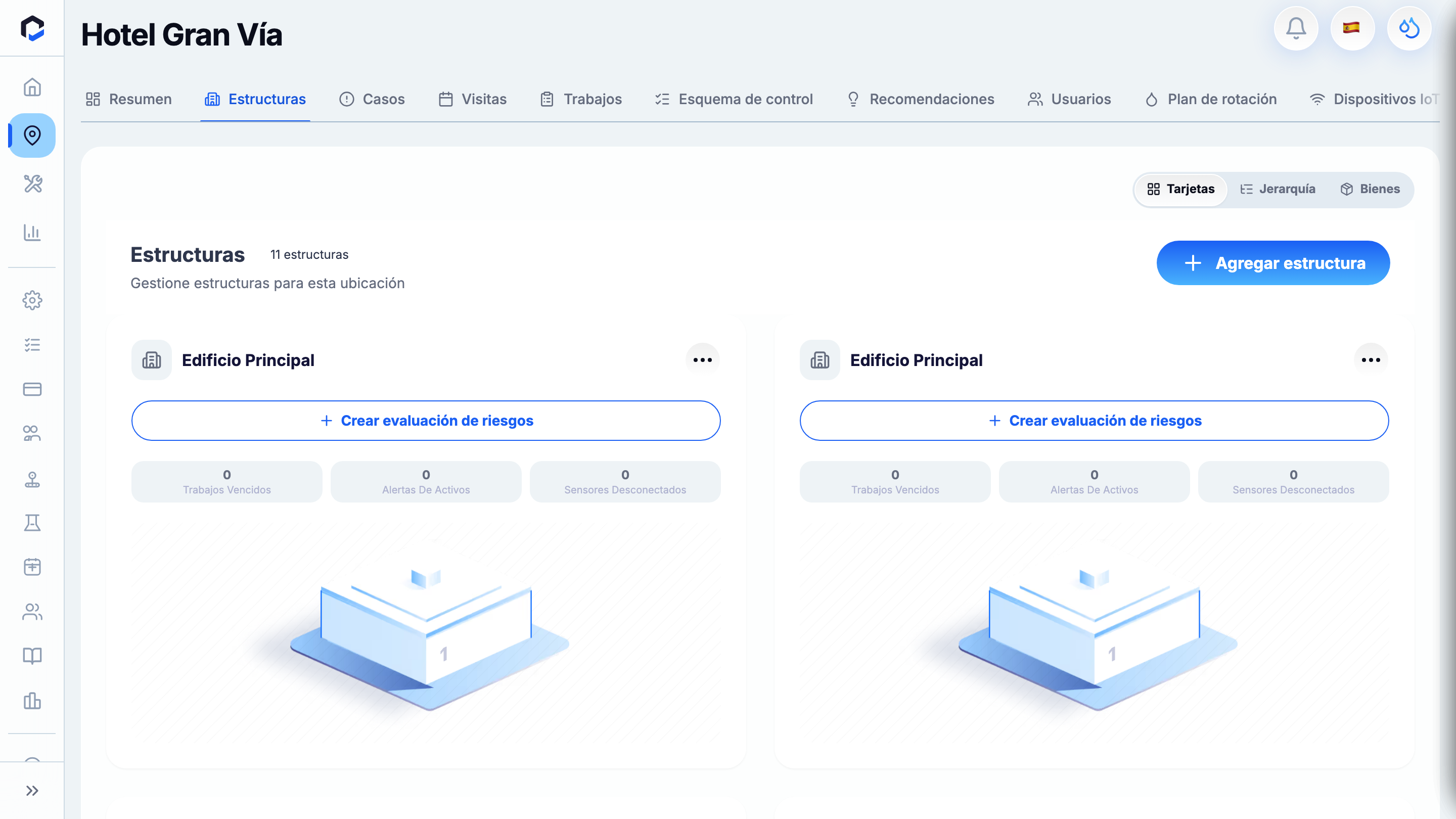 Structures tab (Cards) — the building and its floors; assets are organised beneath structures.