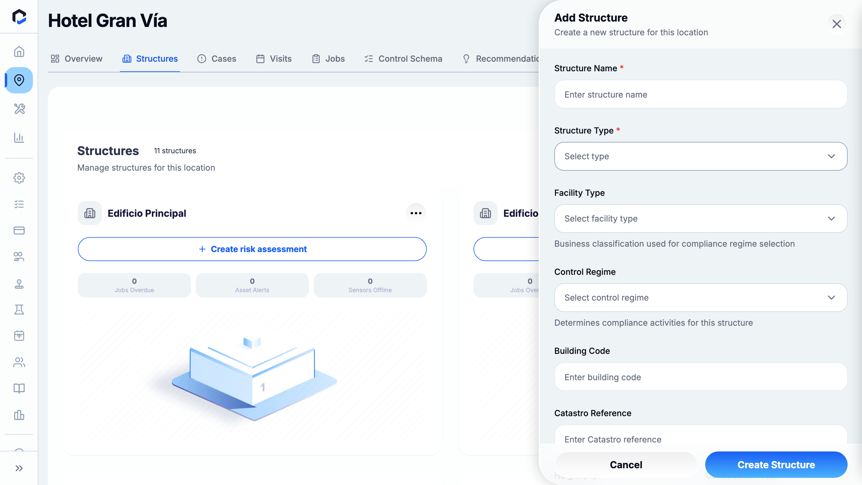 Add Structure form (empty): Name, Structure Type, Facility Type (+ optional Code, Year, Description).