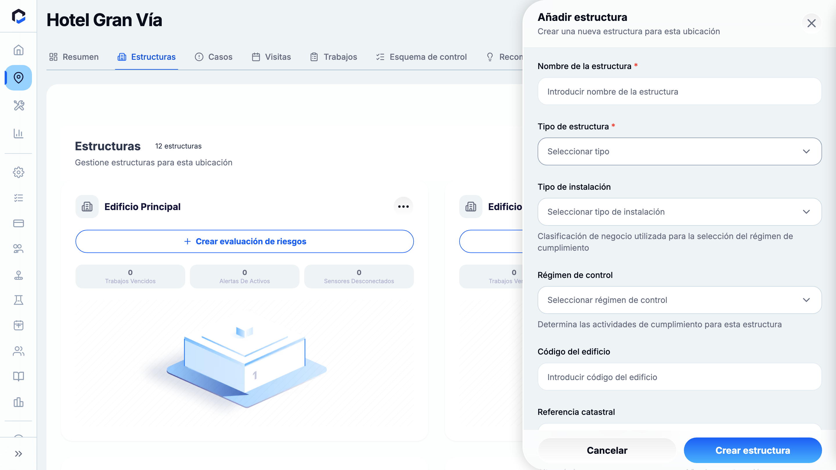 Add Structure form (empty): Name, Structure Type, Facility Type (+ optional Code, Year, Description).