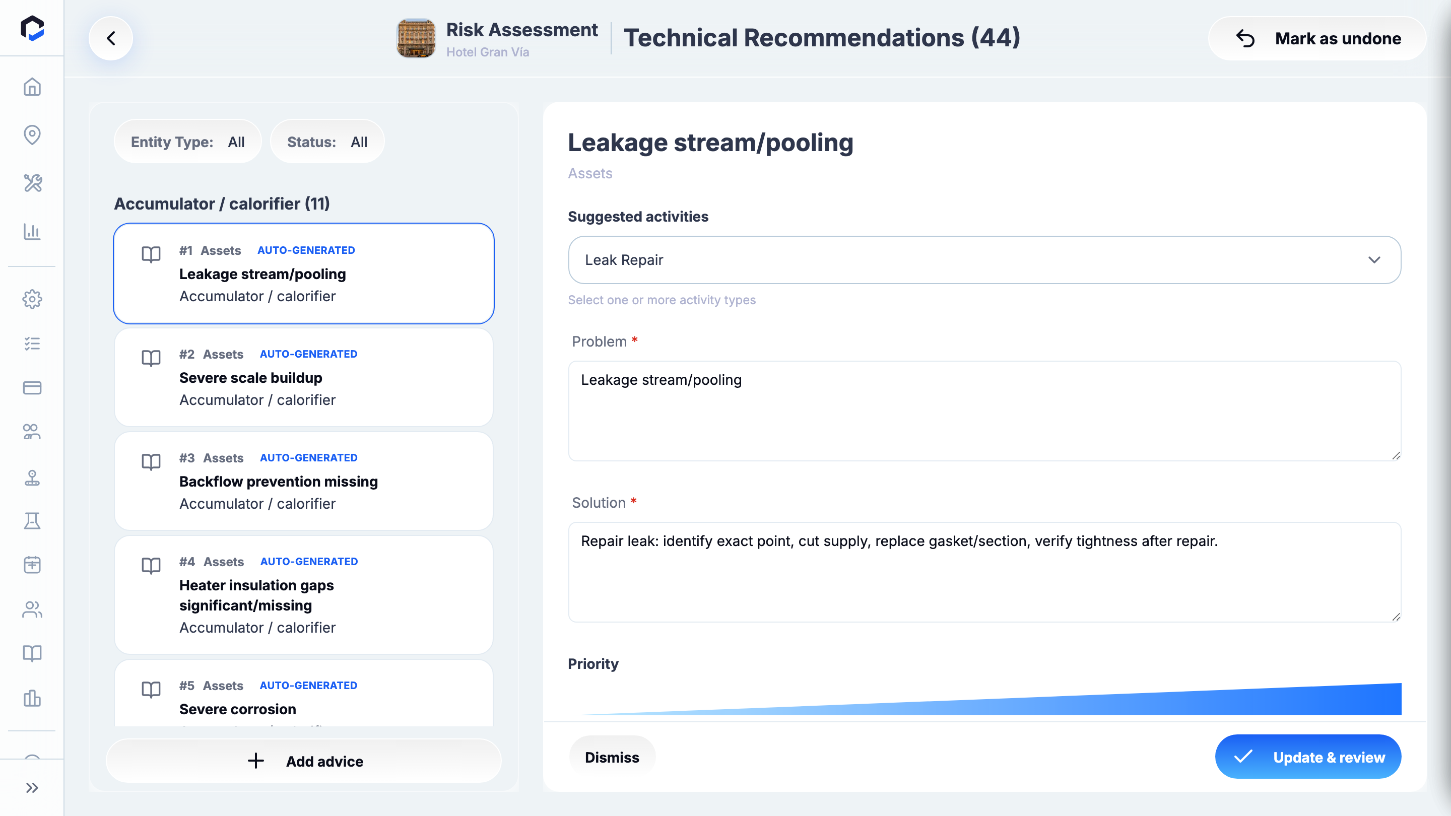 Technical Recommendations review: auto-generated drafts grouped by asset, with a detail pane (activities, problem, solution, priority, triggered-by) and Dismiss / Update & review.