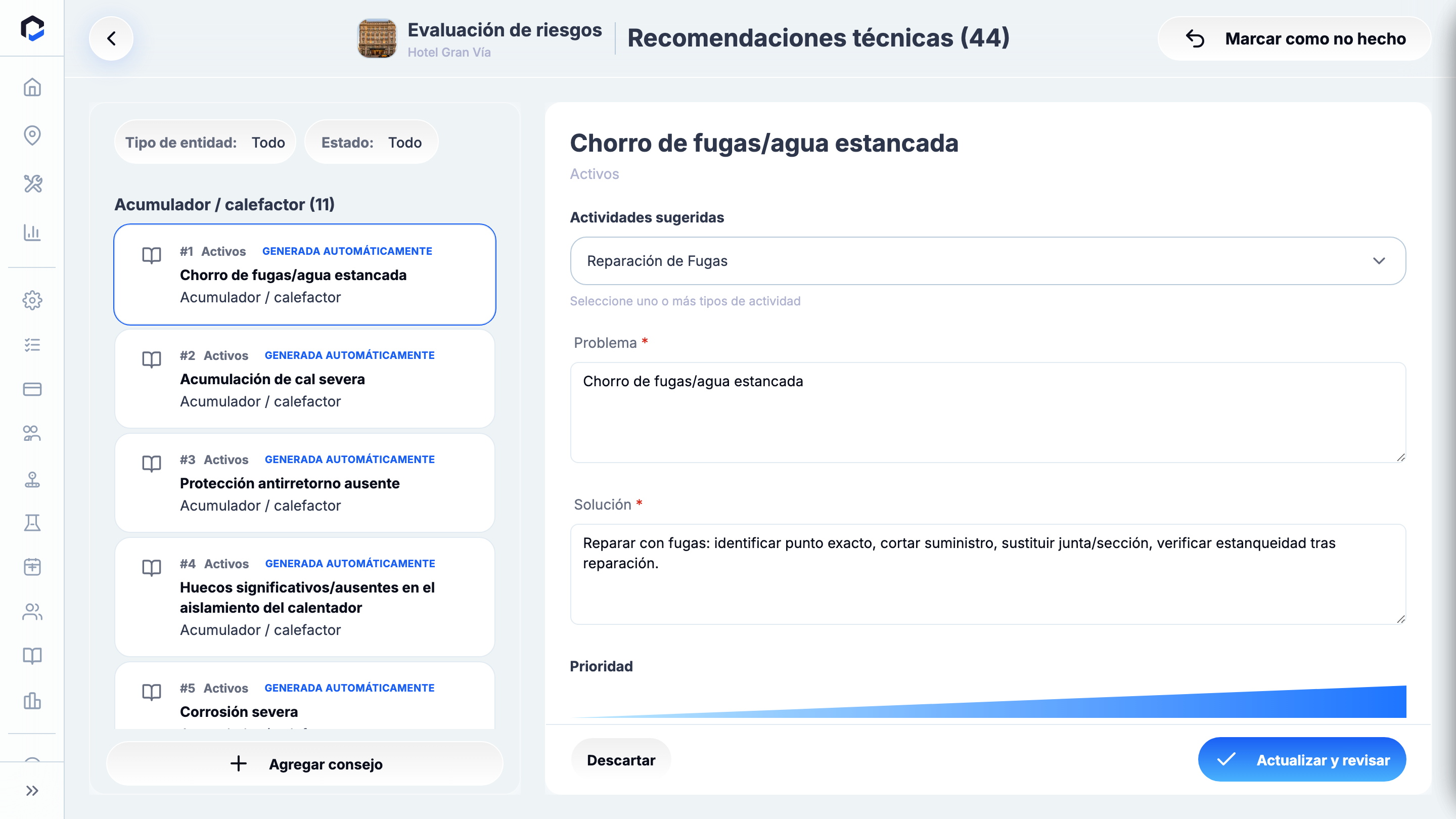 Technical Recommendations review: auto-generated drafts grouped by asset, with a detail pane (activities, problem, solution, priority, triggered-by) and Dismiss / Update & review.