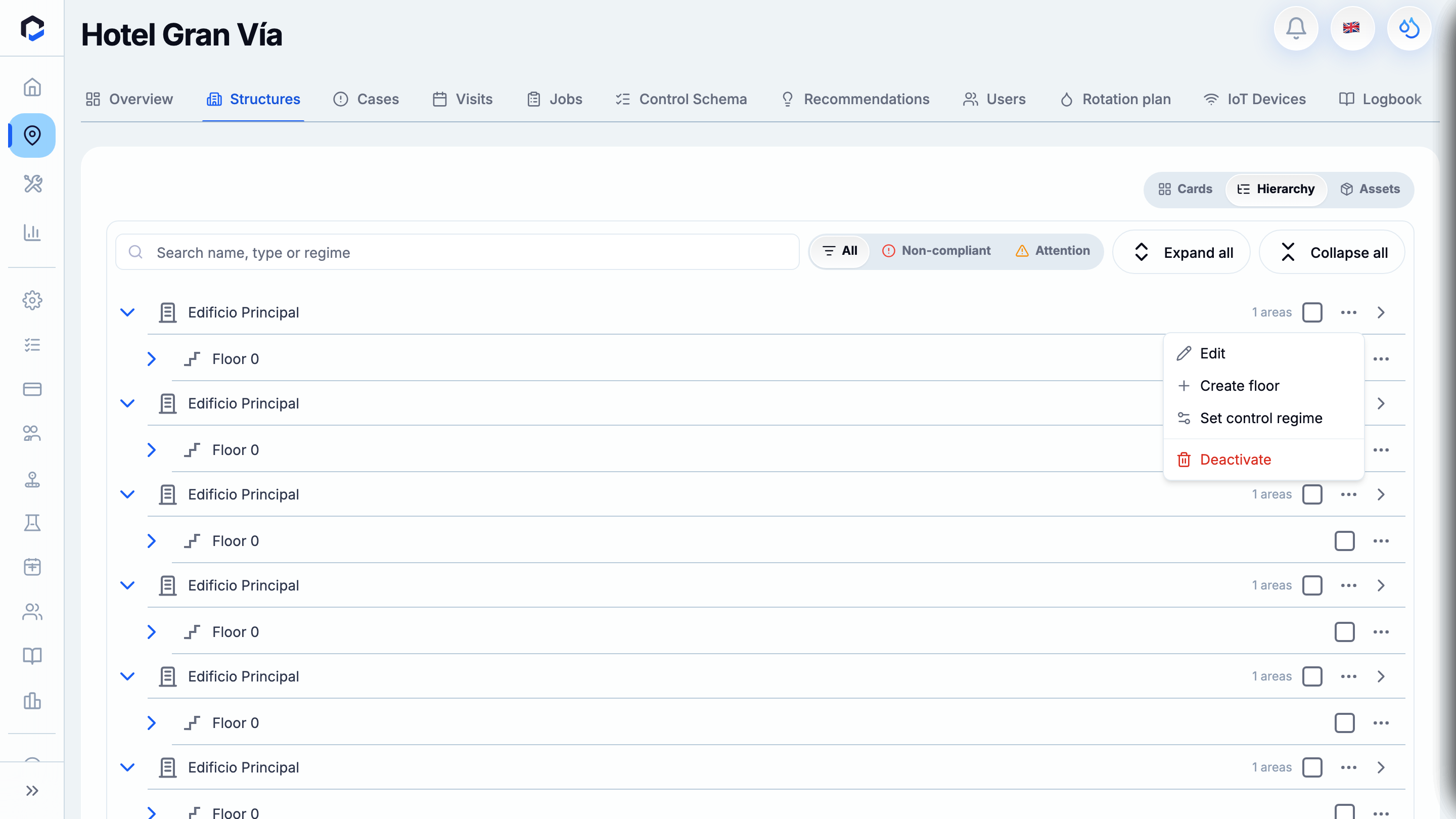 Node Actions menu: Edit, Create floor/room, Set control regime, Duplicate, Deactivate.