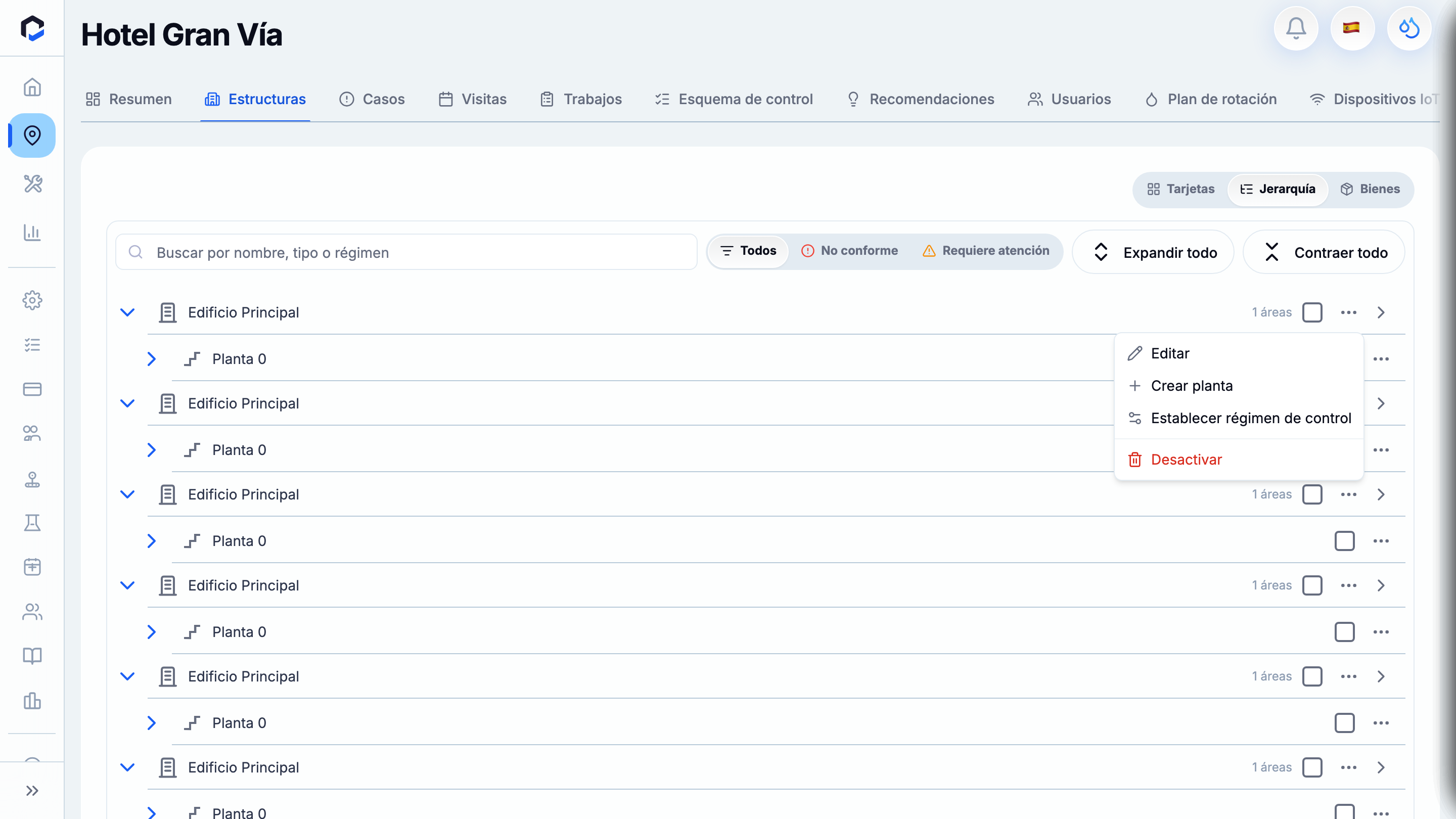 Node Actions menu: Edit, Create floor/room, Set control regime, Duplicate, Deactivate.