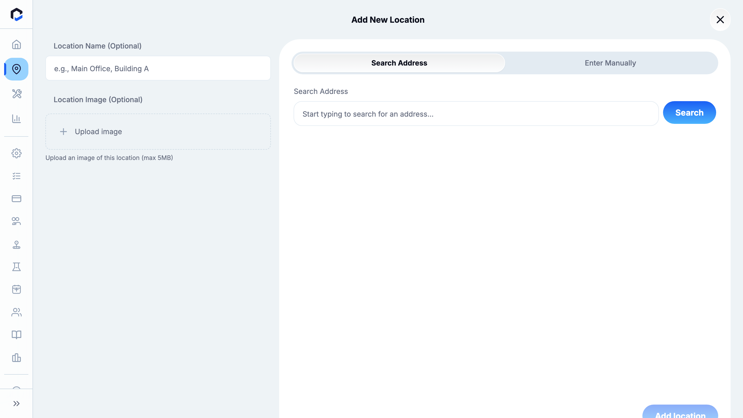 Add New Location panel (empty): optional Location Name, image upload, Search Address / Enter Manually toggle, Search button.