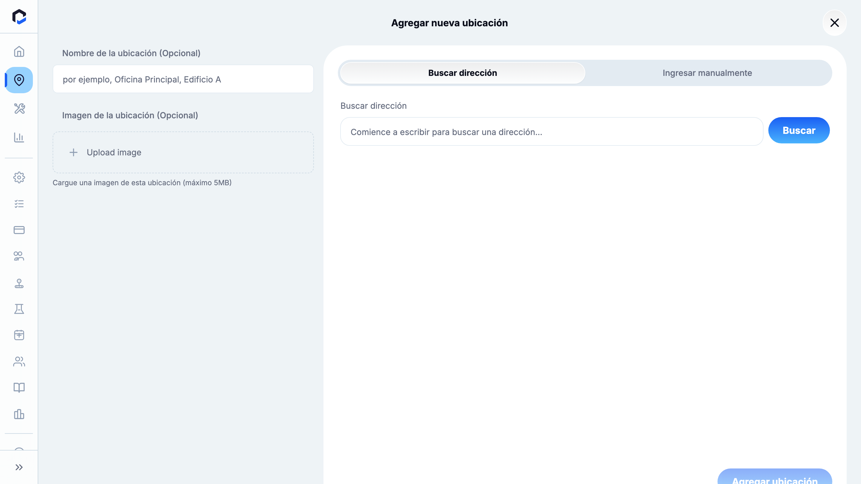 Add New Location panel (empty): optional Location Name, image upload, Search Address / Enter Manually toggle, Search button.