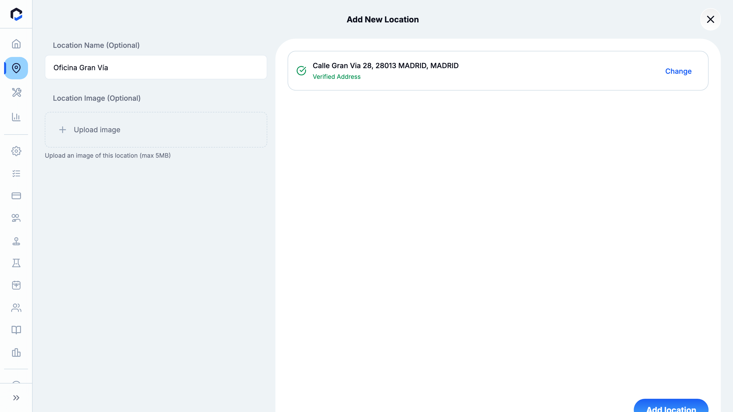 Add New Location with the name and a selected address; jurisdiction inherited; Add location enabled (before saving).