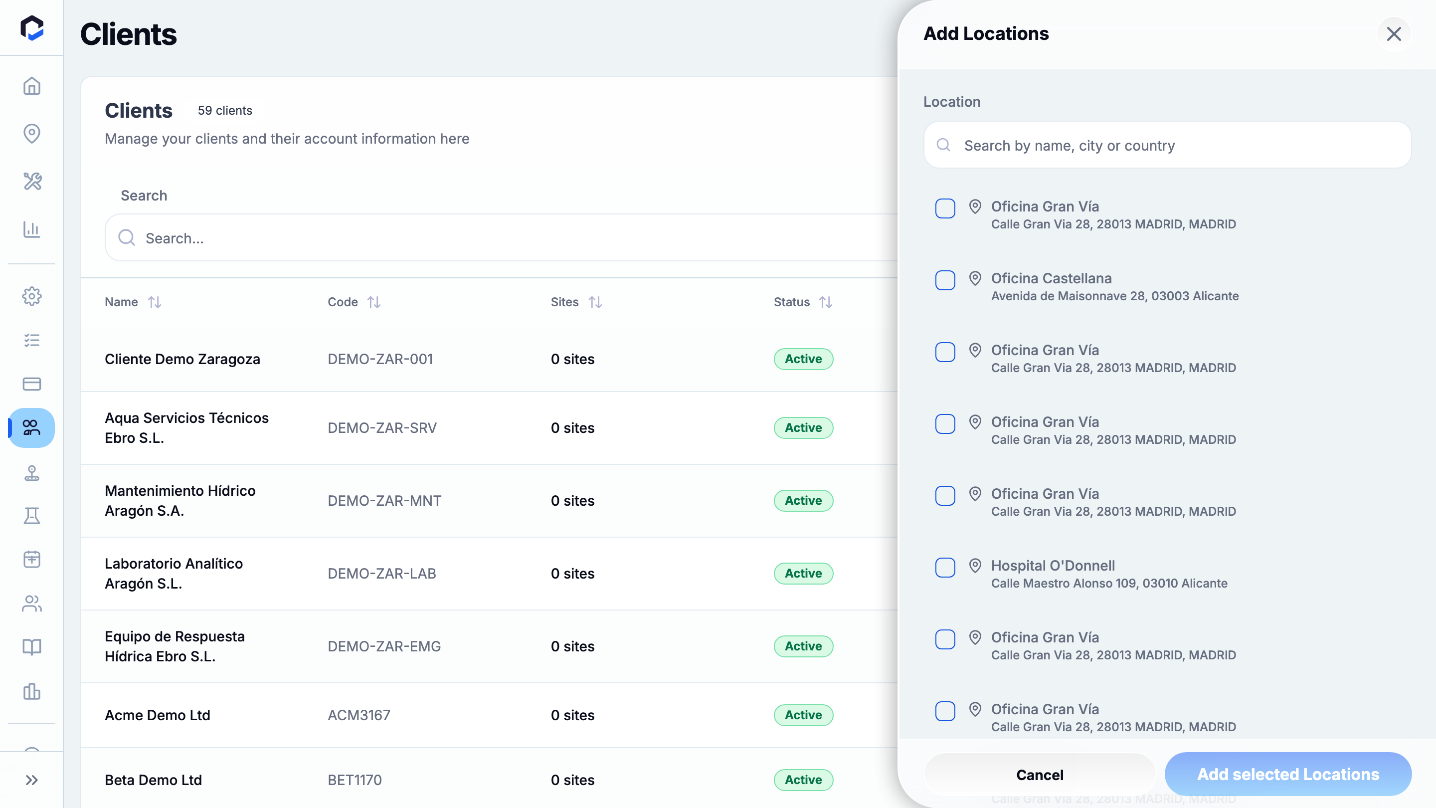 The location picker listing organisation locations to link. Update Client saves the assignment — NOT clicked here: each assignment triggers a real billing sync.