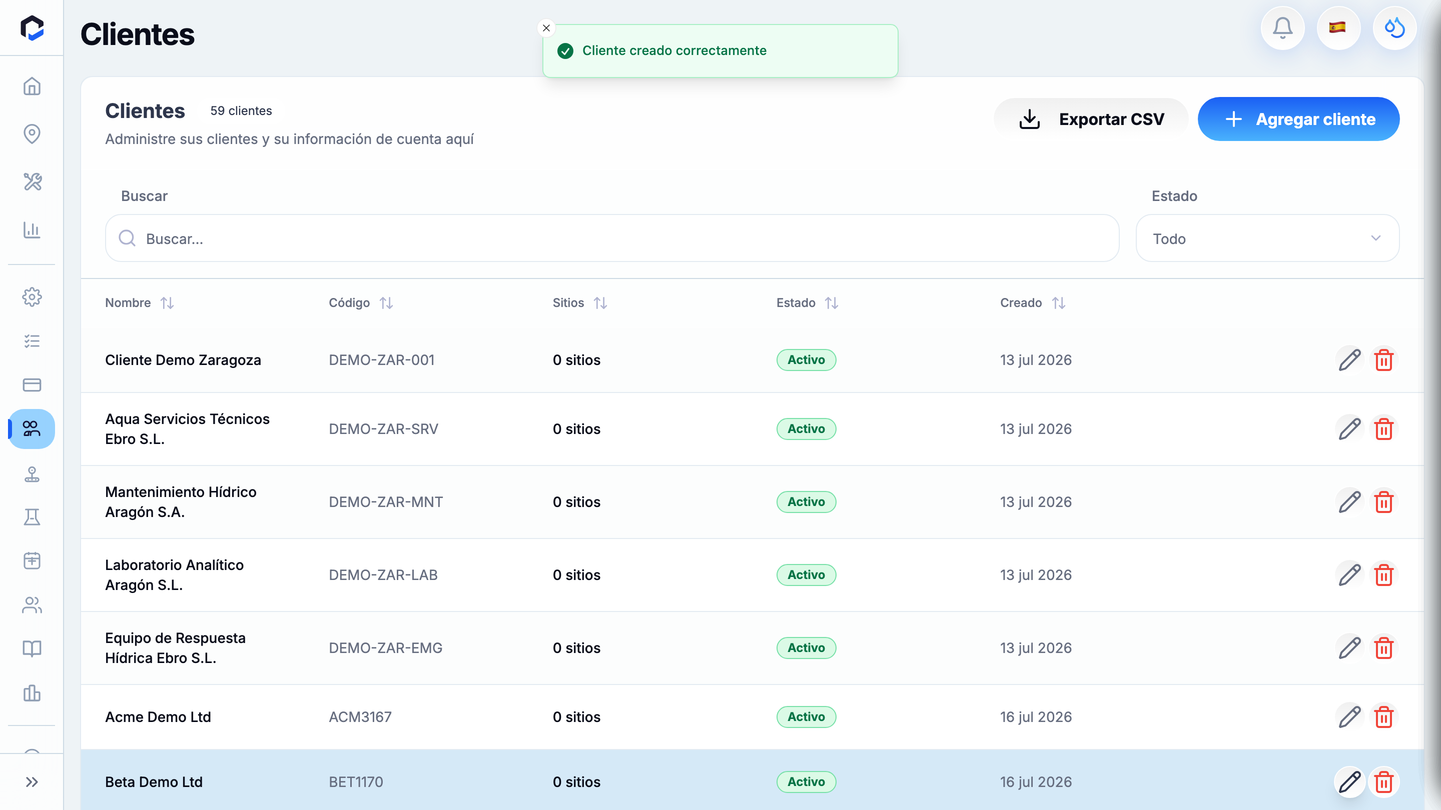 Clients list with the "Client created successfully" toast and the new client (auto code, Active).